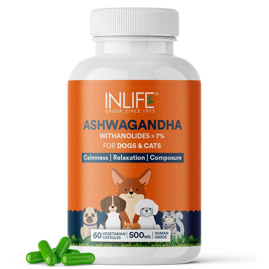 INLIFE Ashwagandha for Dogs (Withania Somnifera) Supplement for Relaxation, Calmness & Composure, 500mg - 60 Vegetarian Capsules