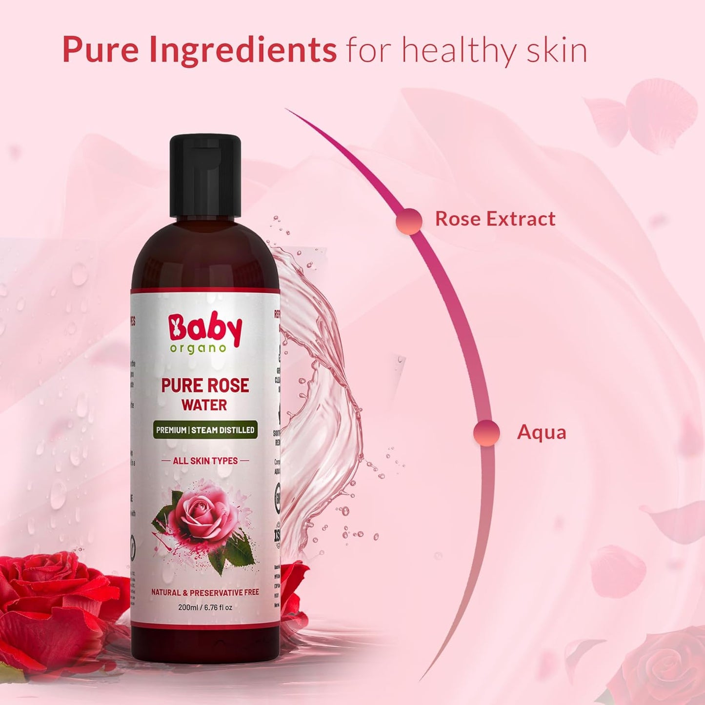 BabyOrgano Ayurvedic Rose Water for Face 1+ Months | Steam-Distilled Kannauj Roses | Skin Toner, Face Mist & Makeup Remover | Balances pH, Tightens Pores | Preservative & Chemical-Free | 200ml (Pack Of 1)
