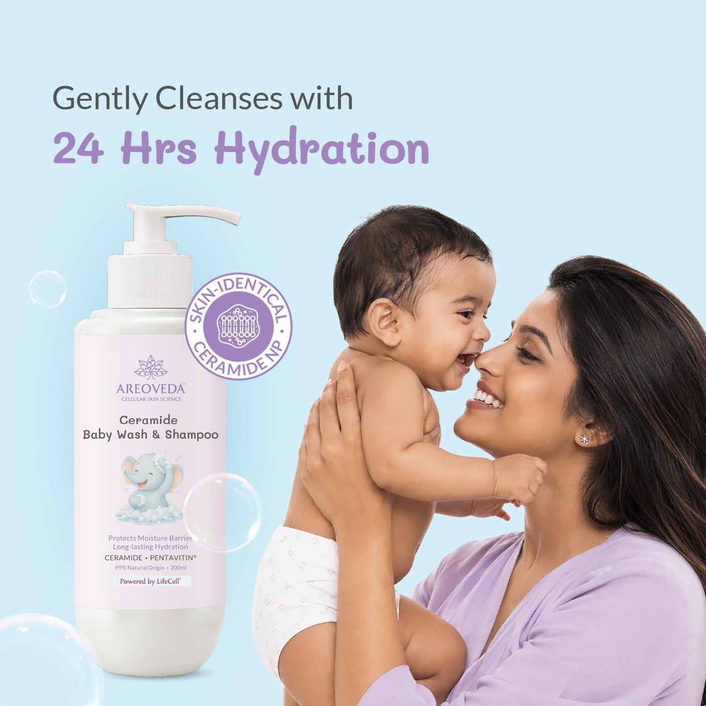 AreoVeda Ceramide Baby Wash & Shampoo (200ml) | PENTAVITIN® And Inulin Prebiotic | Ceramide Care + Long Lasting Hydration | Safe For Newborns