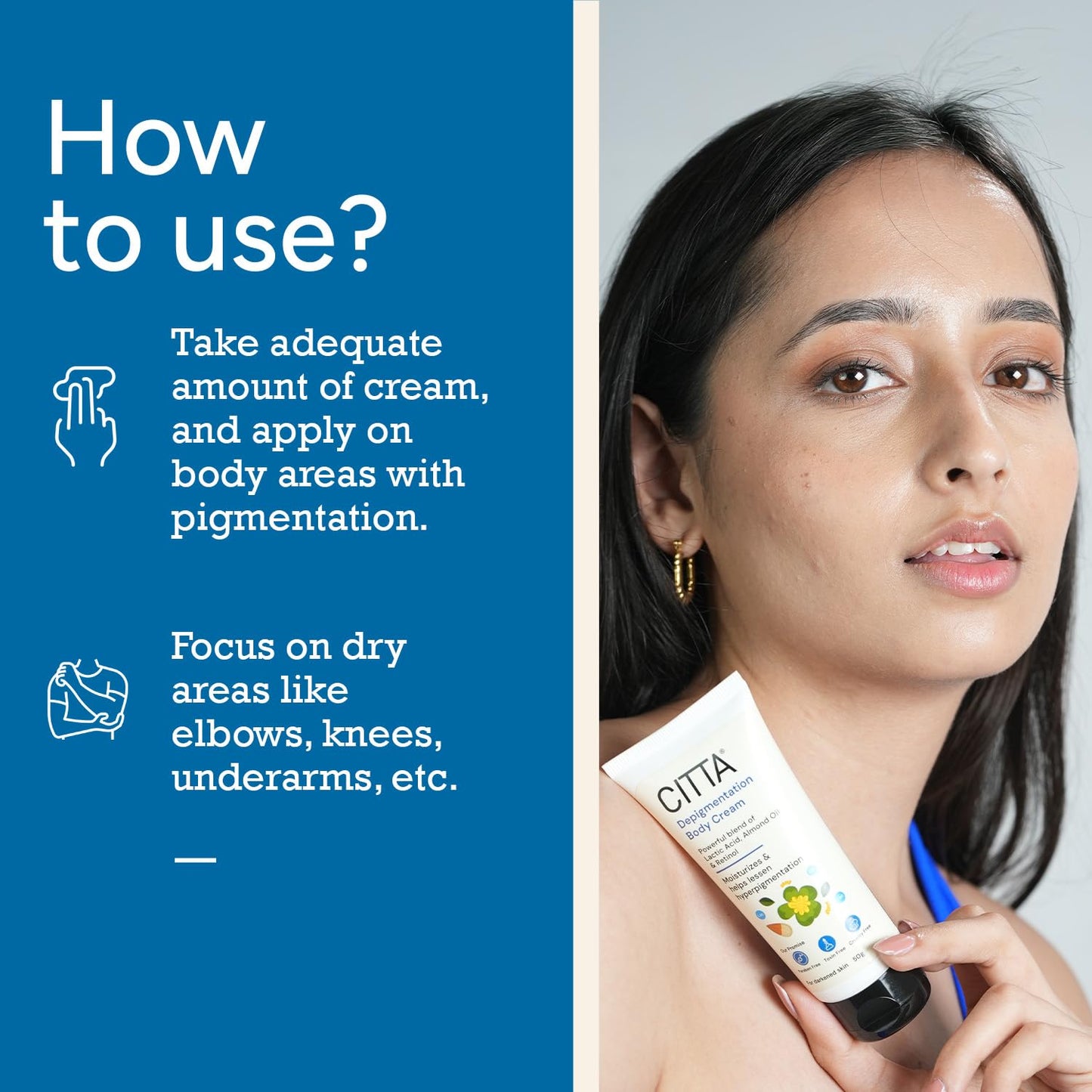 CITTA Depigmentation Body Cream with Retinol, Lactic Acid & Almond Oil – Reduces Tan, Pigmentation & Evens Skin Tone – Treats Dark Patches on Elbows, Knees, Neck & Thighs – For Men & Women – 50g