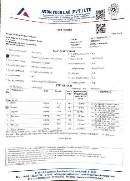 Avon Food Lab test report with various parameters and results.