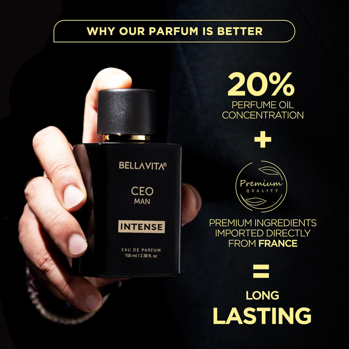 Bellavita CEO Man Intense perfume bottle held by a hand with promotional text on a black background