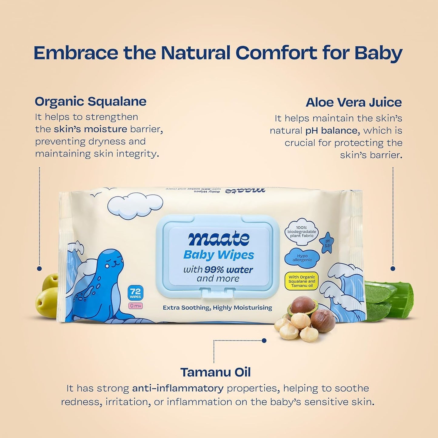 Maate Baby Wipes | Soothing & Hypoallergenic | Infused With Plant Squalane, Tamanu Oil & Aloe Vera | Moisturizing & Hydrating | Wipe for Baby's | Paraben & Sulphate Free (pack of 1, 4 wipes)