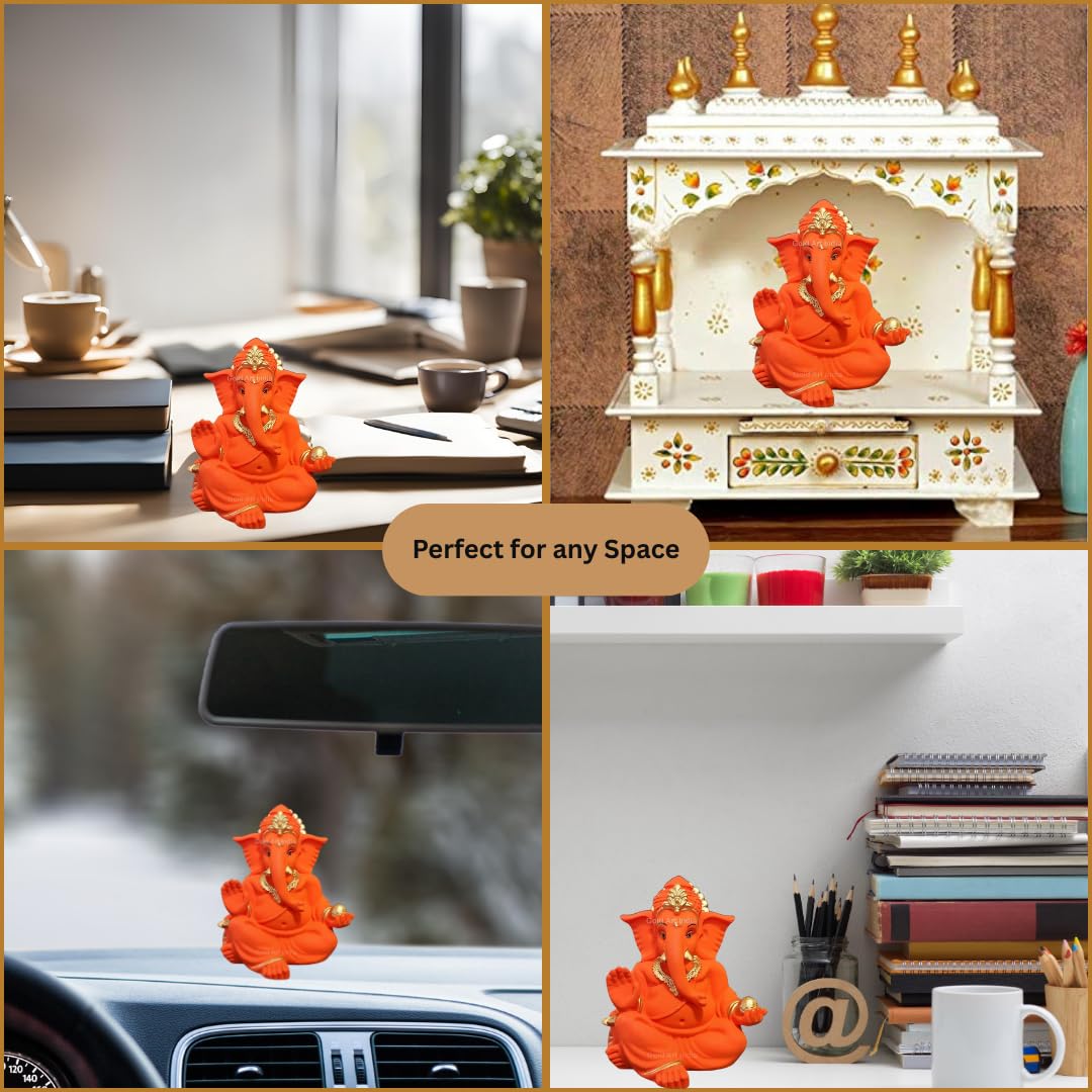 Gold Art India Terracotta Orange Gaddi Ganesha for Car Dashboard Home Decor Gifting Diwali Birthday Festivals (GADDITERRACOTTAORANGE)