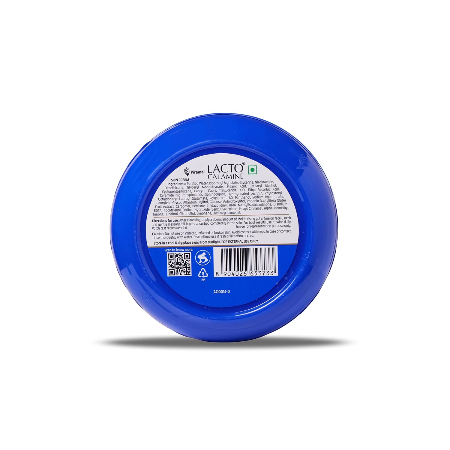 Blue container of Lacto Calamine cream on a white background