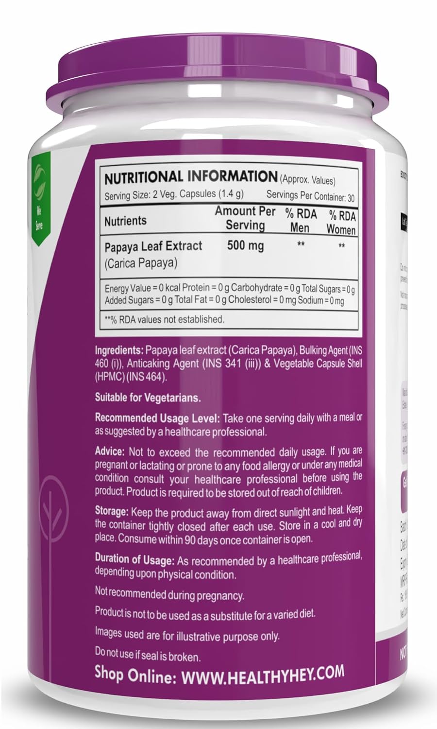 Supplement container with purple lid and label displaying nutritional information and ingredients.