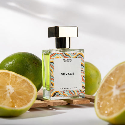 Perfume bottle labeled 'Sovage' with lemons on a white background