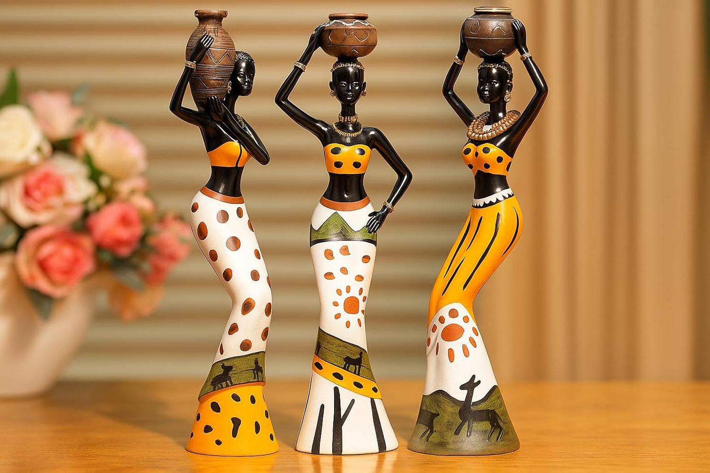 Xtore Beautiful Finish Uniquely Hand Crafted Home Dcor African Tribal Women Art Piece Handicraft Resin (Set of 3, Multicolour)