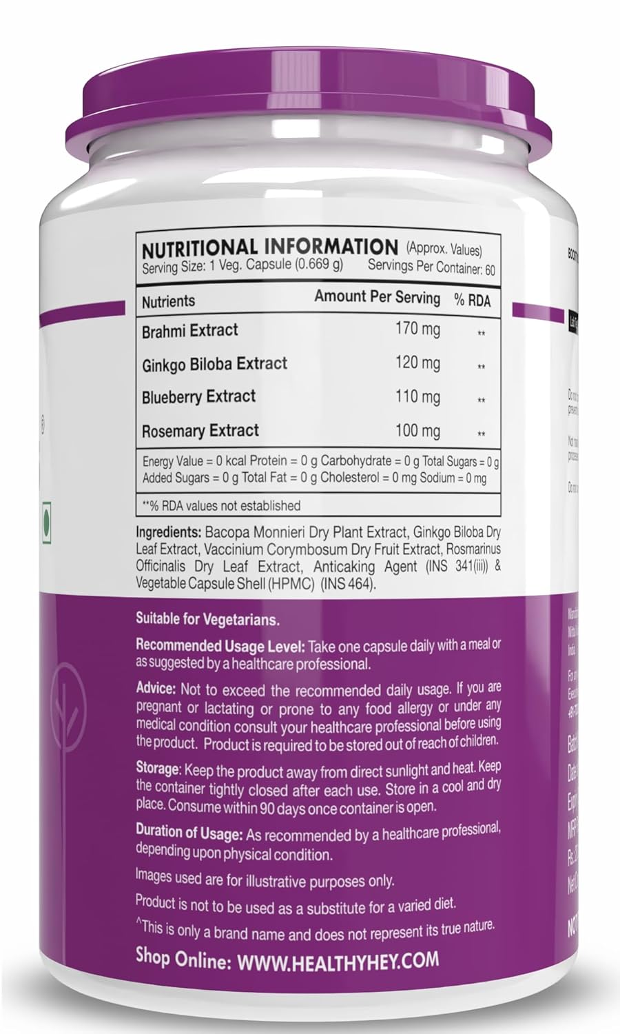 Supplement container with purple lid and label on a white background