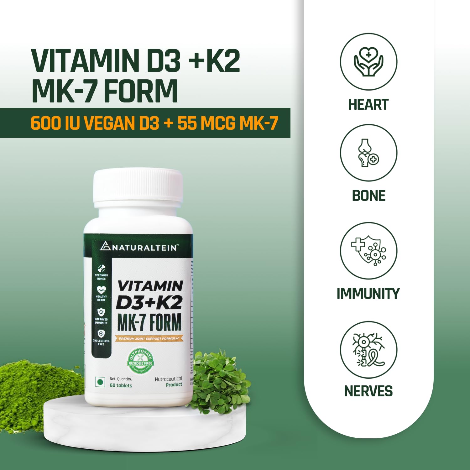 Vitamin D3 + K2 MK-7 Form supplement bottle with green background and icons on the right.