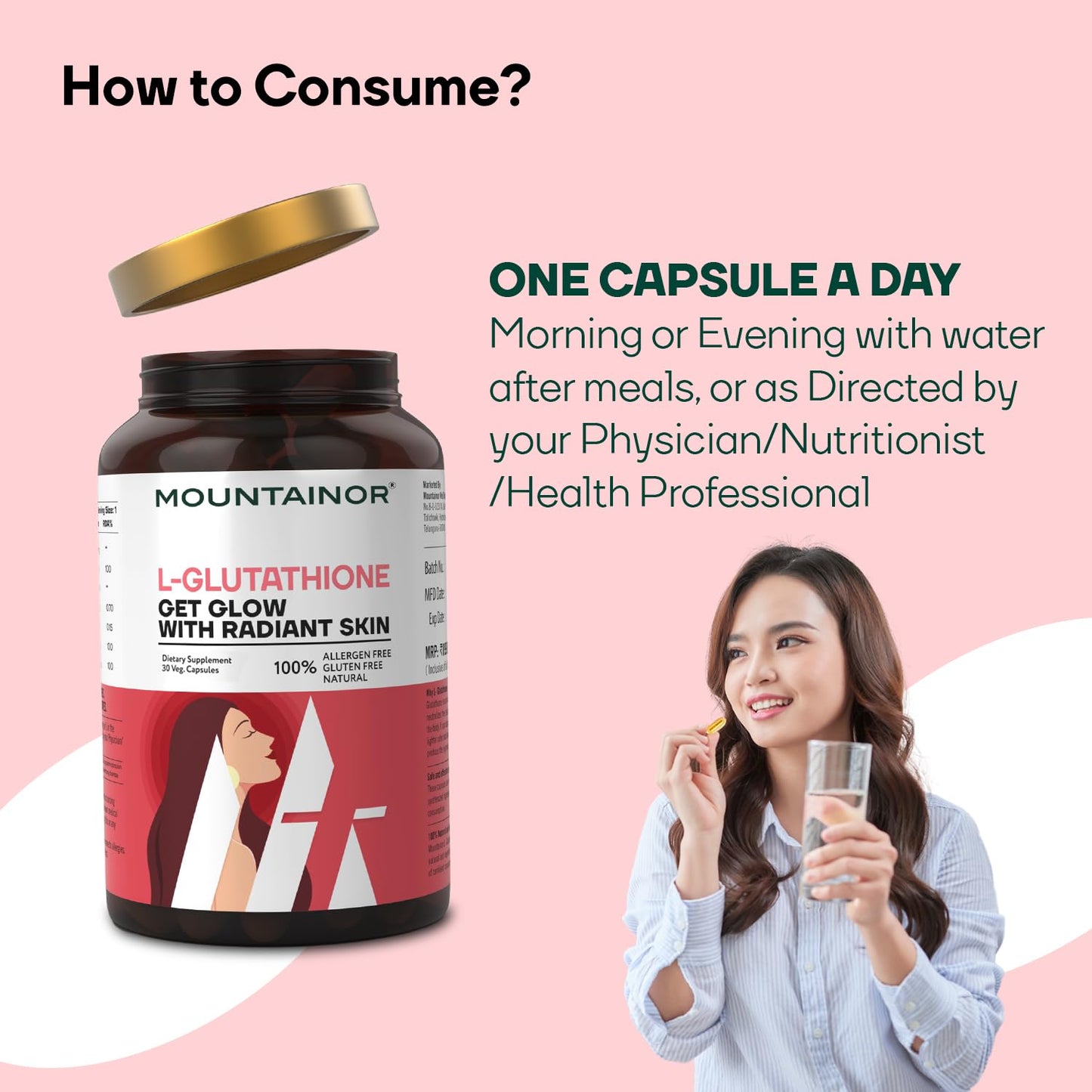 Mountainor L-Glutathione supplement bottle with a woman holding a glass of water and a capsule on a pink background.