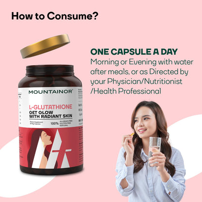 Mountainor L-Glutathione supplement bottle with a woman holding a glass of water and a capsule on a pink background.