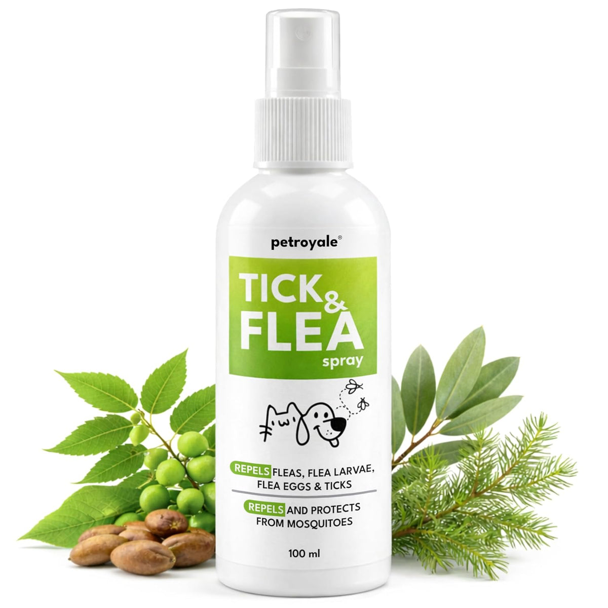 Petroyale Tick and Flea Spray for Dogs & Cats - Natural Oils - Essential for Flea & Tick Treatment - Easy-to-Use Flea Spray for Dogs and Cats - Anti tick Spray for Dog - Safe for Pets (100 ML)