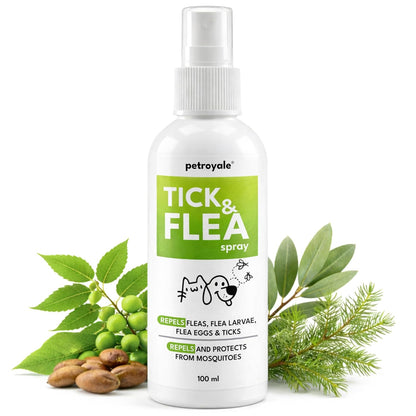 Petroyale Tick and Flea Spray for Dogs & Cats - Natural Oils - Essential for Flea & Tick Treatment - Easy-to-Use Flea Spray for Dogs and Cats - Anti tick Spray for Dog - Safe for Pets (100 ML)