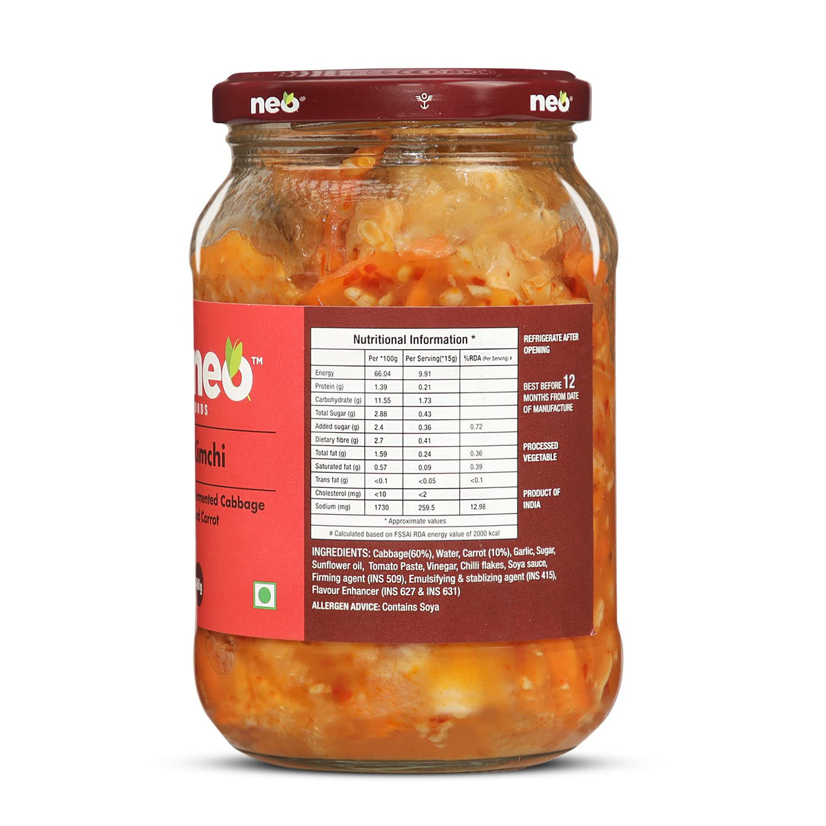 Neo Kimchi I Fermented Indian Cabbage & Carrot 460g I 100% Plant Based I Made in India I Ready to Eat Pickle I Healthy Food I Enjoy with Ramen Noodles, Kimchi Noodle, Korean Rice & Snacks I Probiotic-Rich Side Dish I 460g
