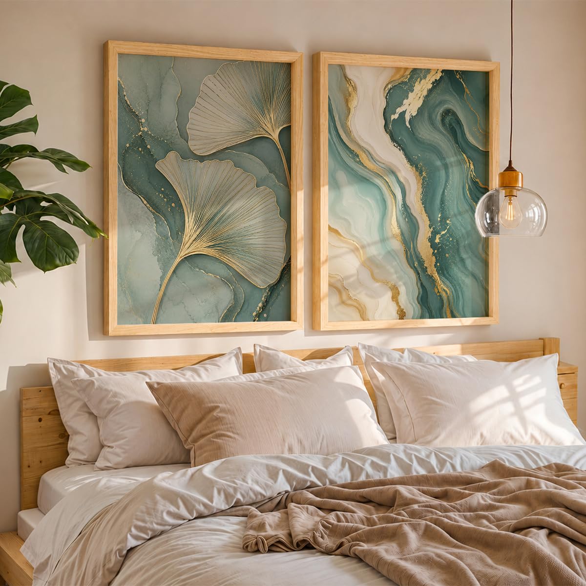Ginkgo Leaf & Abstract Marble Wall Painting Set of 2 with Frame | Premium Teal Green Gold Botanical Artwork, Luxury Modern Wall Decor for Living Room, Bedroom, Office and Home Decoration (Art-1, 10x13inch)