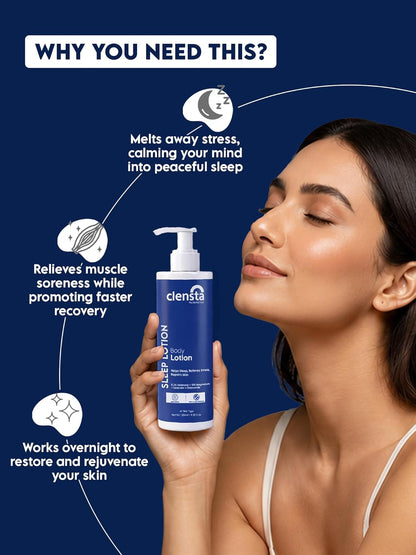Clensta Sleep Lotion with 0.3% Melatonin & 10% Magnesium | Lavender & Chamomile Oil For Deep & Restful Sleep | Relaxes Muscle, Post workout & Reduces Signs of Aging | 250 ml