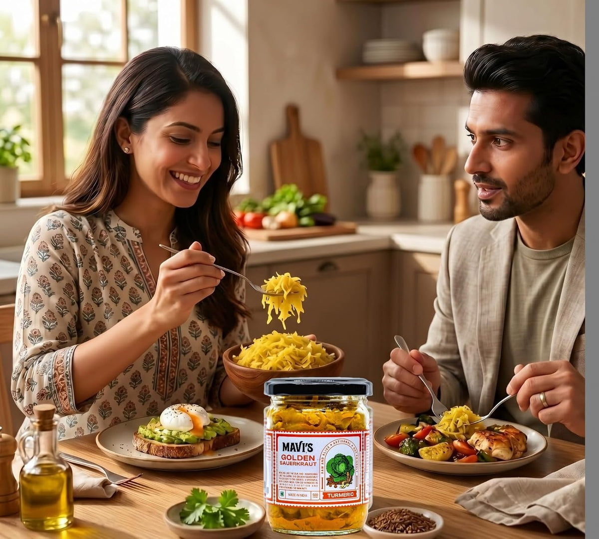MAVI's Golden Sauerkraut| Spicy, Organic & Natural Cabbage & Fresh Turmeric | Gut friendly | 100% Natural & Vegan | No Preservatives | No Artificial Flavour or Colour | 500g (Pack of 1)