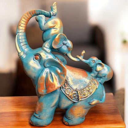 Fiber Resin Mother Elephant with 2 Lovely Babies Home Decor Idol | Blue Gold Decorative Animal Showpiece for Living Room, Bedroom, Office & Gifting | 25x15x30 cm (Regular Quality)
