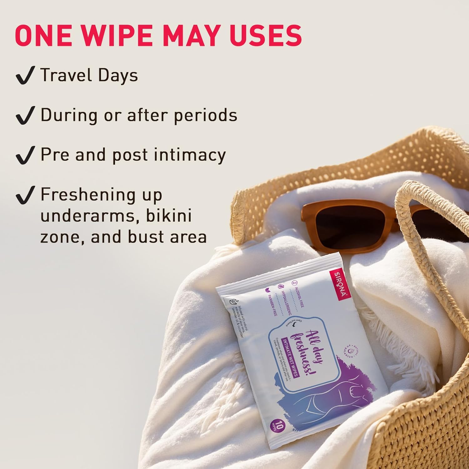 Pack of wipes with a straw hat and sunglasses on a white background, featuring text on uses.