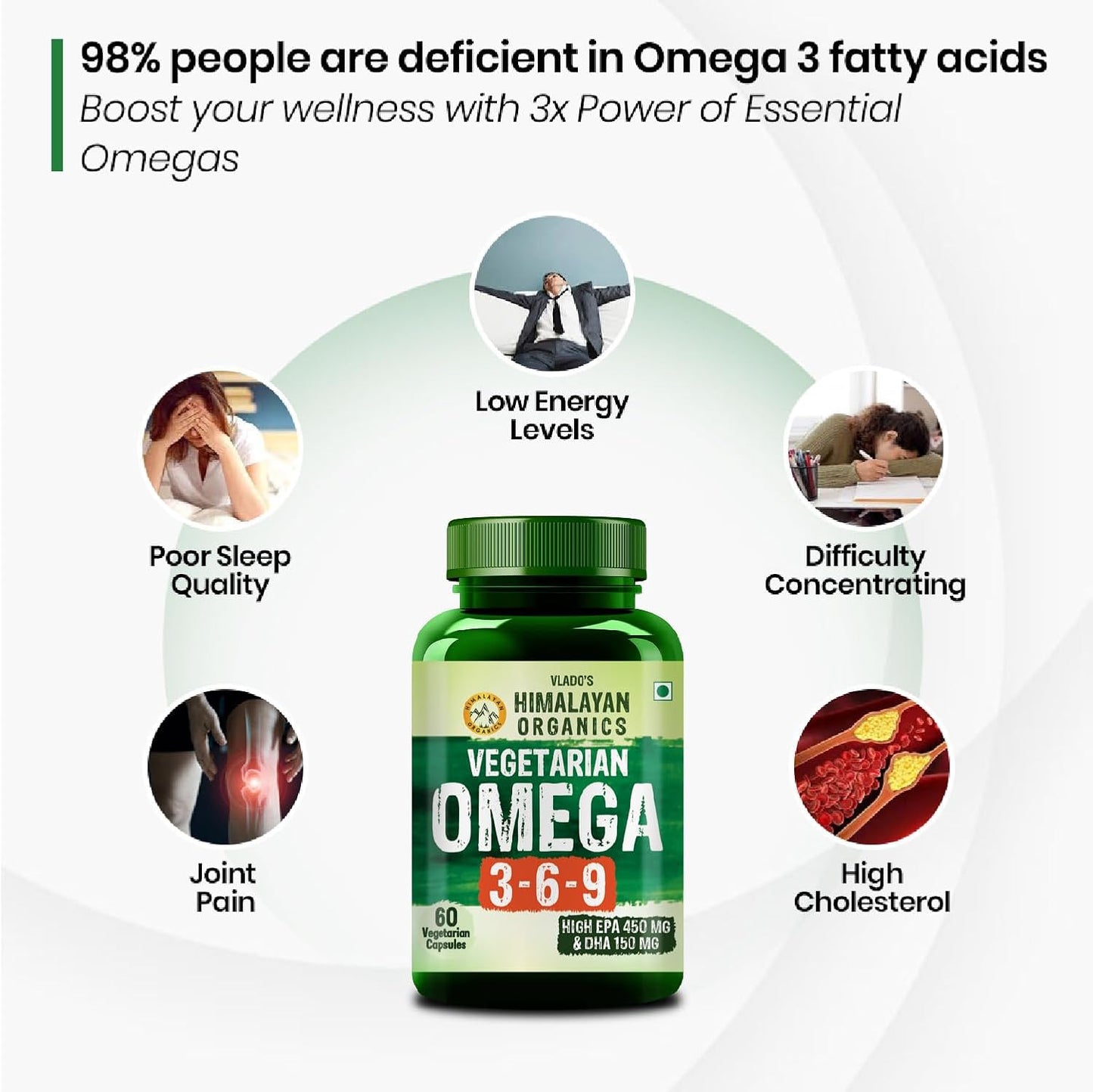 Vlado's Himalayan Organics Omega 3 6 9-2000mg/Serving I Vegetarian Omega 3 Supplement I Support Muscle,Bone,Heart & Skin - No Burps, No Fish Oil Used Capsules for Men & Women- 60 Capsules