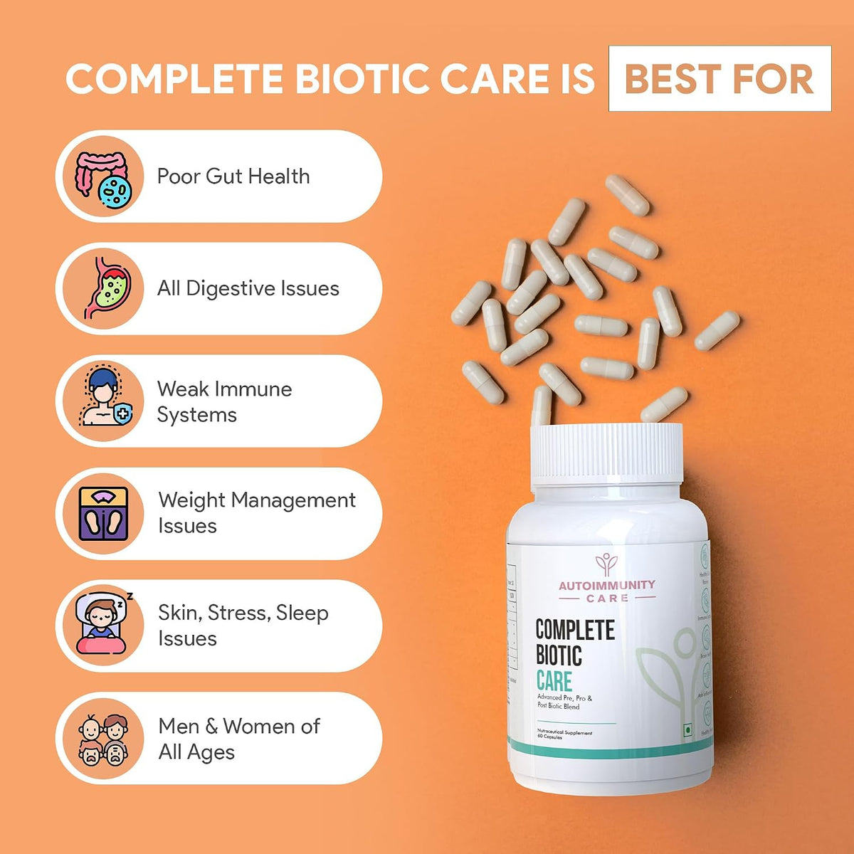 Autoimmunity Care Complete Biotic Care – 3-in-1 Pre Pro & Post Biotic Supplement | Prebiotics + Probiotics Supplement with Postbiotics, for Women & Men | Digestion Improve Supplement, Gut & Immunity | 60 Caps (30 dose)