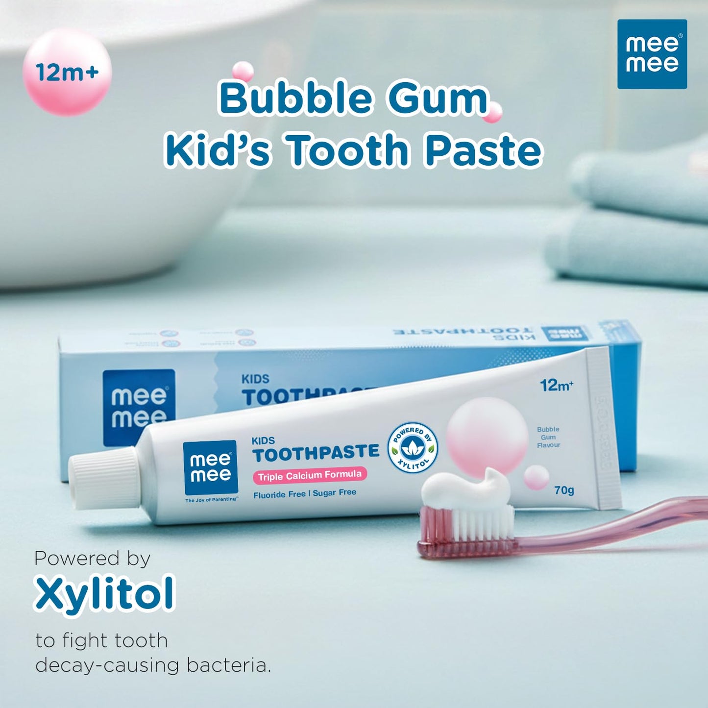 Mee Mee Kids Bubble Gum Toothpaste for 12+ Months | Fluoride-Free Baby Toothpaste with Xylitol & Calcium | Gentle Daily Oral Care for Babies & Toddlers | 70g
