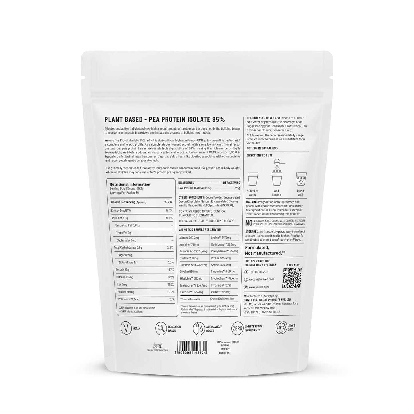 Zephivo Unived Basics Protein, Pea Protein Isolate, 100% Vegan & Plant-Based, BCAAs, Amino Acid, For Lean Muscle Development, Non-GMO, Gluten & Dairy Free, Natural (Chocolate 30 Servings)
