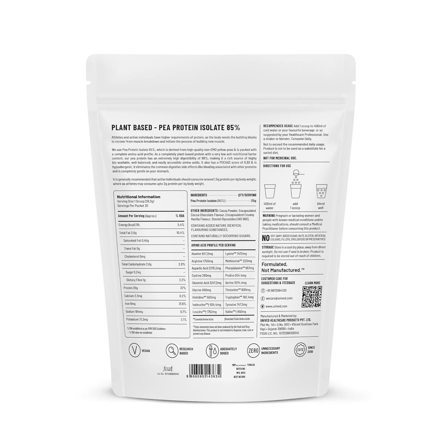 Zephivo Unived Basics Protein, Pea Protein Isolate, 100% Vegan & Plant-Based, BCAAs, Amino Acid, For Lean Muscle Development, Non-GMO, Gluten & Dairy Free, Natural (Chocolate 30 Servings)

