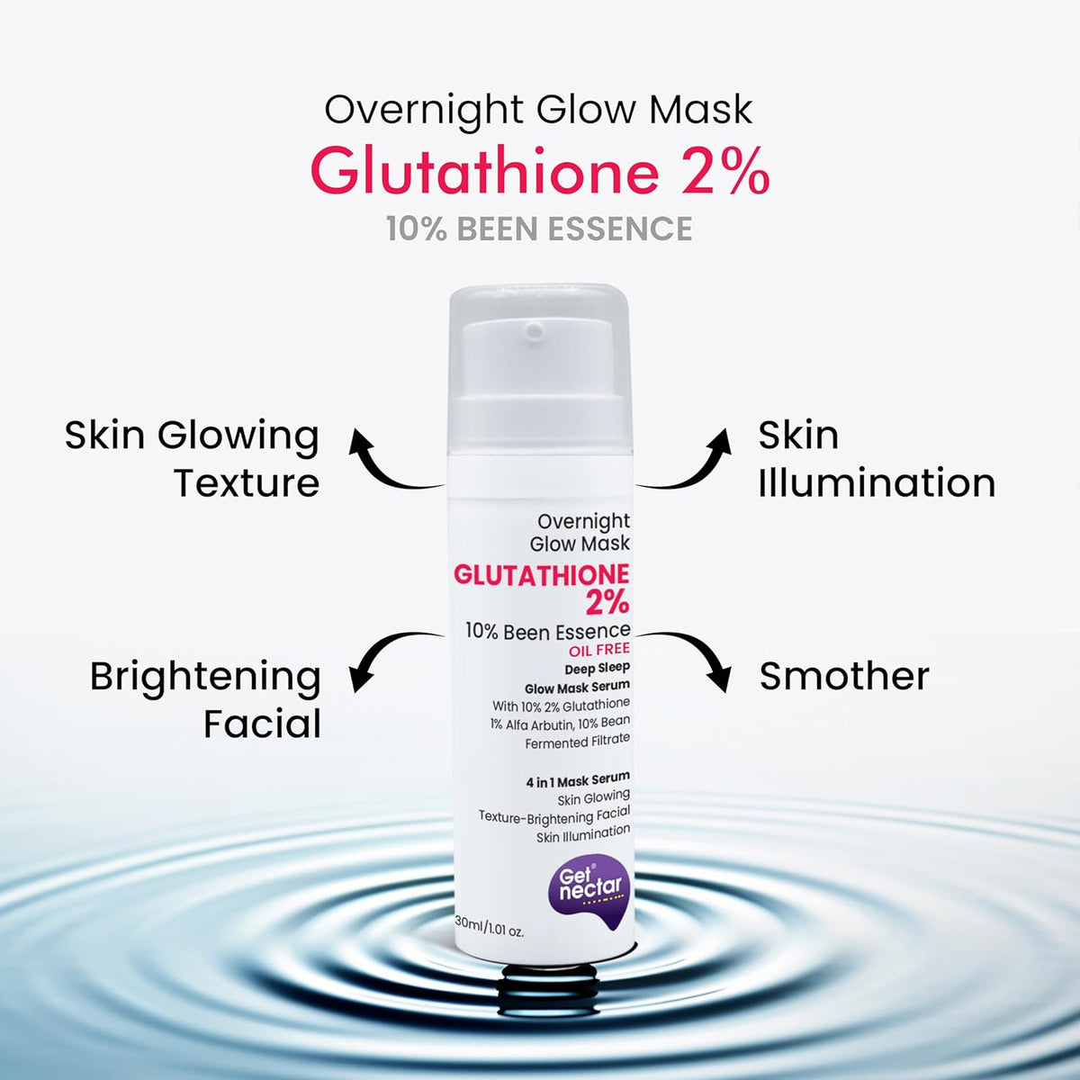 Glutathione 2% overnight glow mask with water droplet effect on a white background