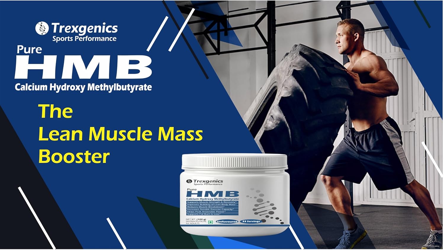 Trexgenics HMB supplement with a person lifting weights in the background