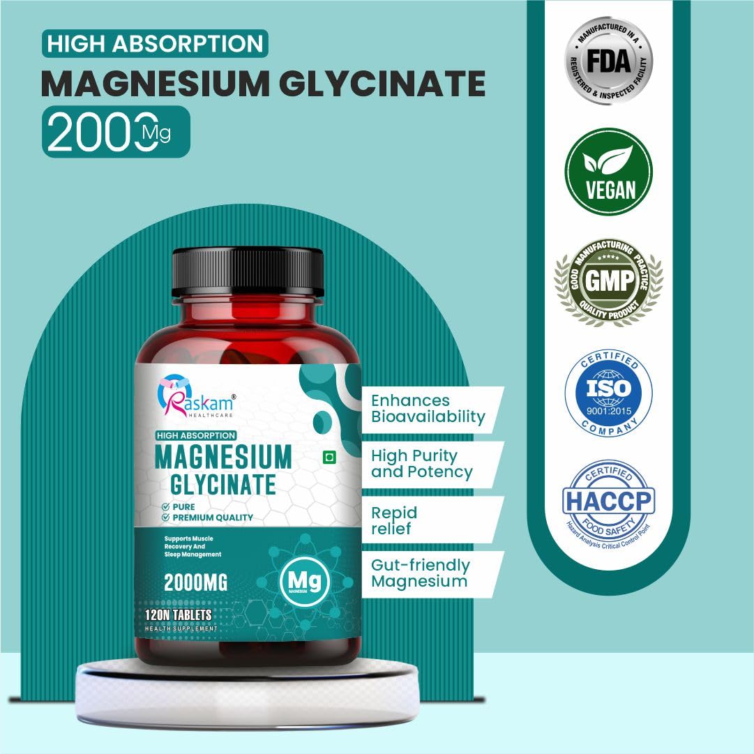 Bottle of magnesium glycinate supplement with certification logos on a light blue background