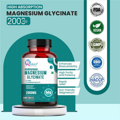 Bottle of magnesium glycinate supplement with certification logos on a light blue background