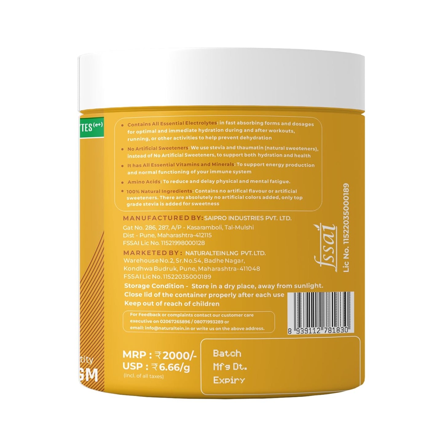 Back label of a yellow supplement container with text and branding on a white background