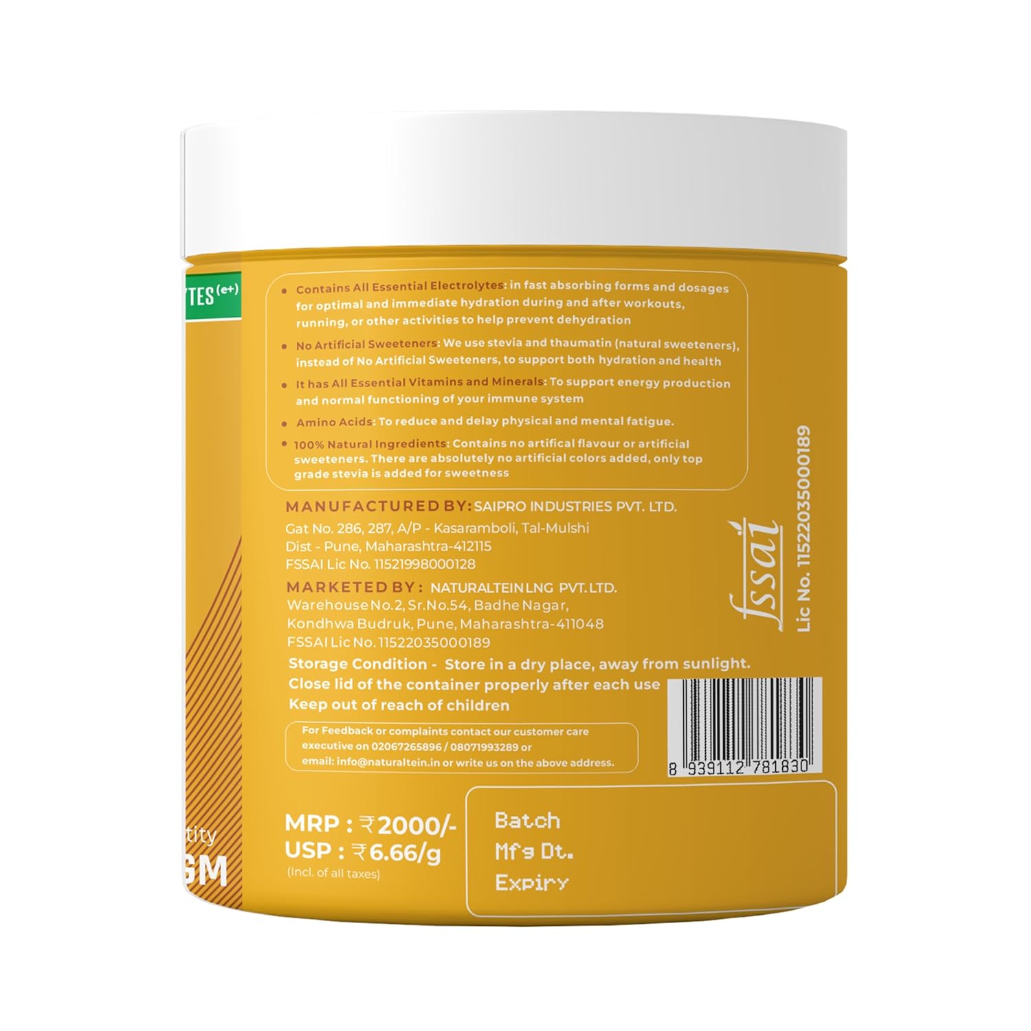 Back label of a yellow supplement container with text and branding on a white background