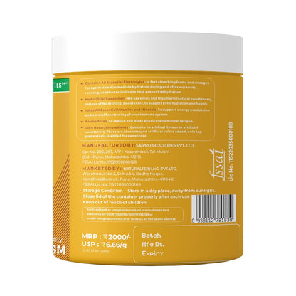 Back label of a yellow supplement container with text and branding on a white background