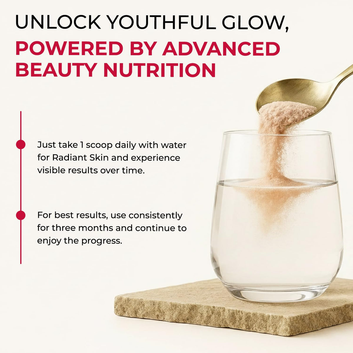 Glass of water with a scoop of powder being poured, promoting advanced beauty nutrition for a youthful glow.