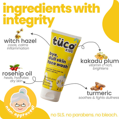 Tuco Kids Face Wash, Brightens Dull Skin, Turmeric & Kakadu Plum, 100g | pH balanced, Tear-Free, sulphate & paraben free. Brightening cleanser for babies, girls & boys 2-15 years. Clears dull skin