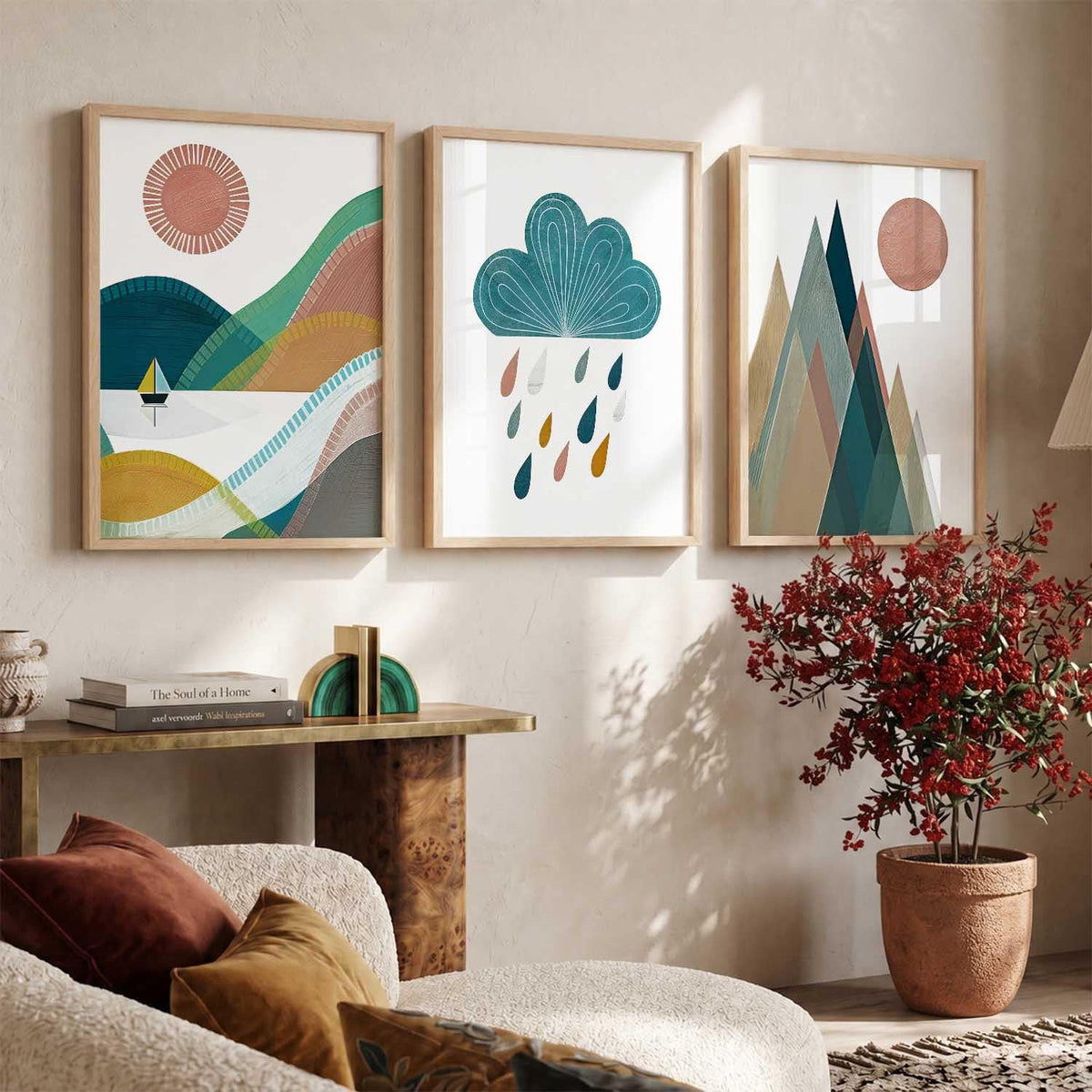 Boho Art Home Decoration Paintings With Frame For Living Room Bed Room Hotel Wall Decor Digital Reprint Set of 3 (13X17 inch)