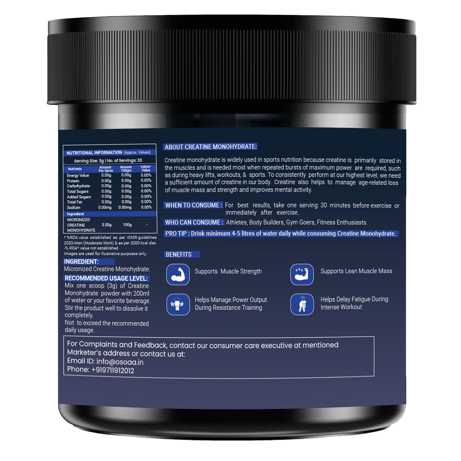 Supplement container with nutritional information and usage instructions on a white background