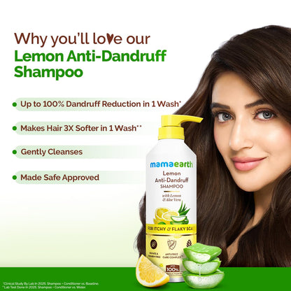 Mamaearth Lemon Anti-Dandruff Shampoo with Lemon, ZPTO, Climbazole, Aloe Vera for Itchy & Flaky Scalp | Upto 100% Dandruff Reduction & 3X Softer Hair in 1 Wash | Soothes Scalp | Reduces Frizz | 600 ml