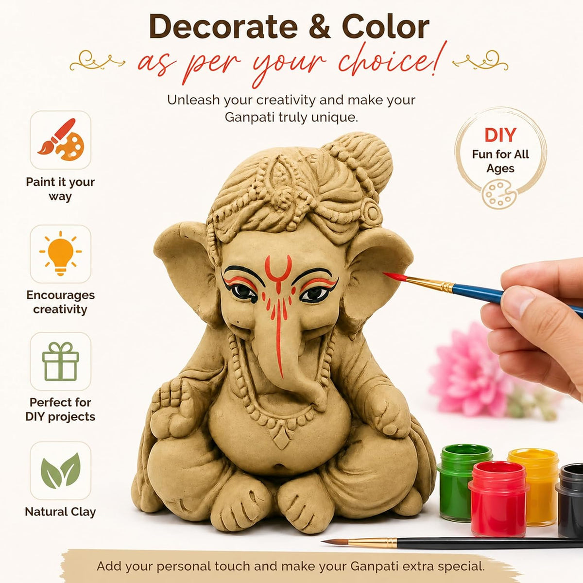 SHOPMEFAST Clay Ganesh Idol, 4 Inches Height, Water Soluble Ganpati Murti for Ganpati Visarjan (Small) (Natural Brown - Bal Gopal)