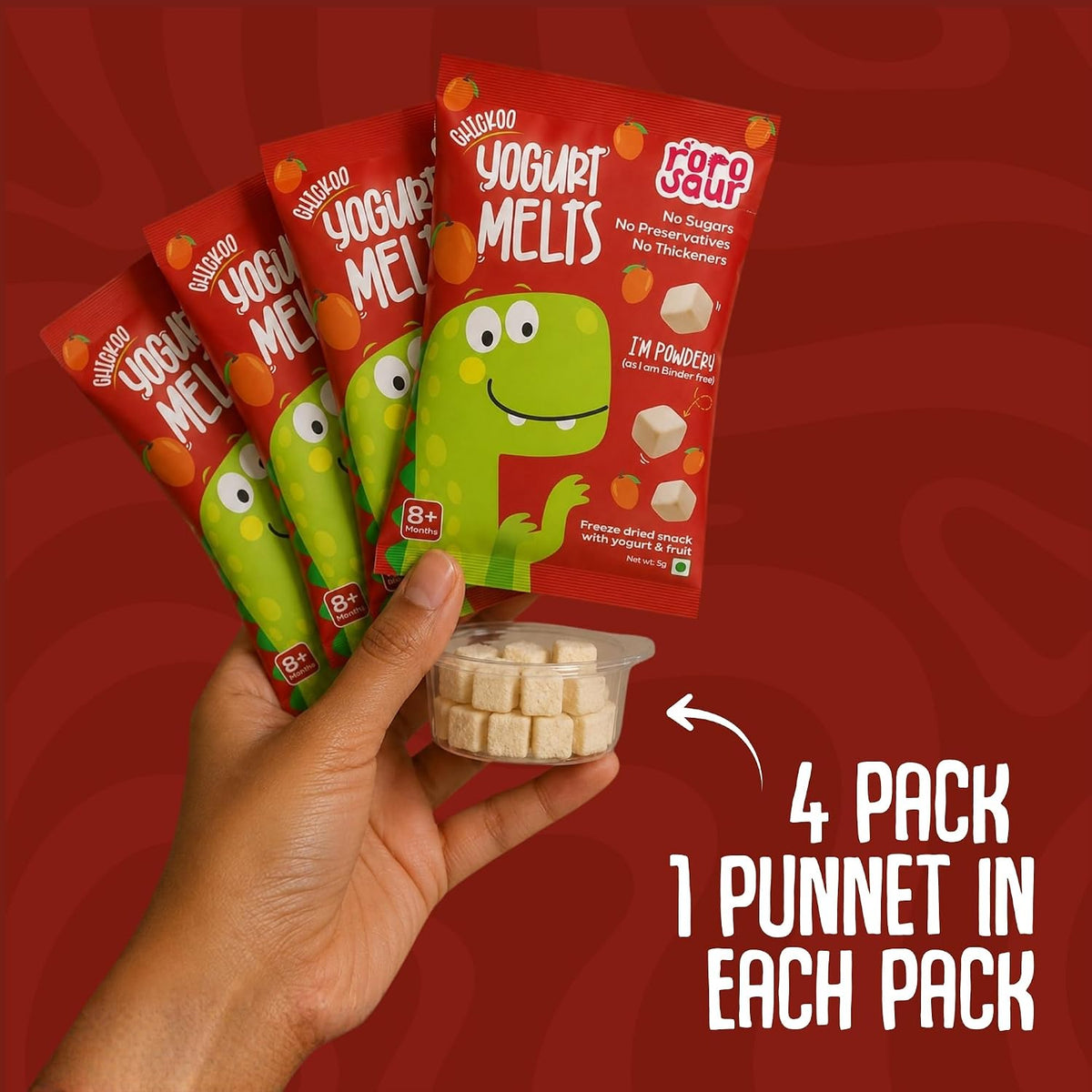 Rorosaur Baby Snacks – Chickoo Melts with Yogurt & Fruit & Veggie for 8+ Months | Finger Food for Toddlers | No Sugar, No Preservatives, No Binders | 4-Pack (5g Each)