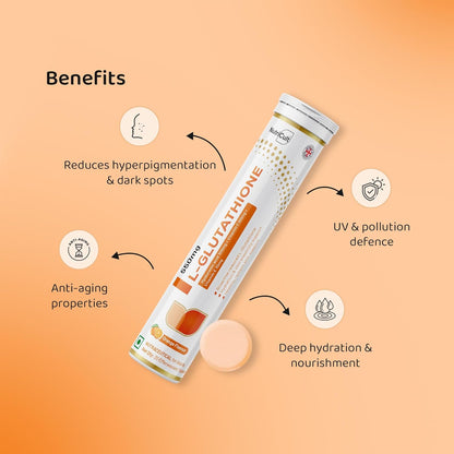 Nutricult L-Glutathione 550mg - 20 Effervescent Tablets Glutathione Effervescent Tablets for Glowing Skin with Hyaluronic Acid Vitamin C & Vitamin E | Skin Glow Supplement For Clear Skin | Orange