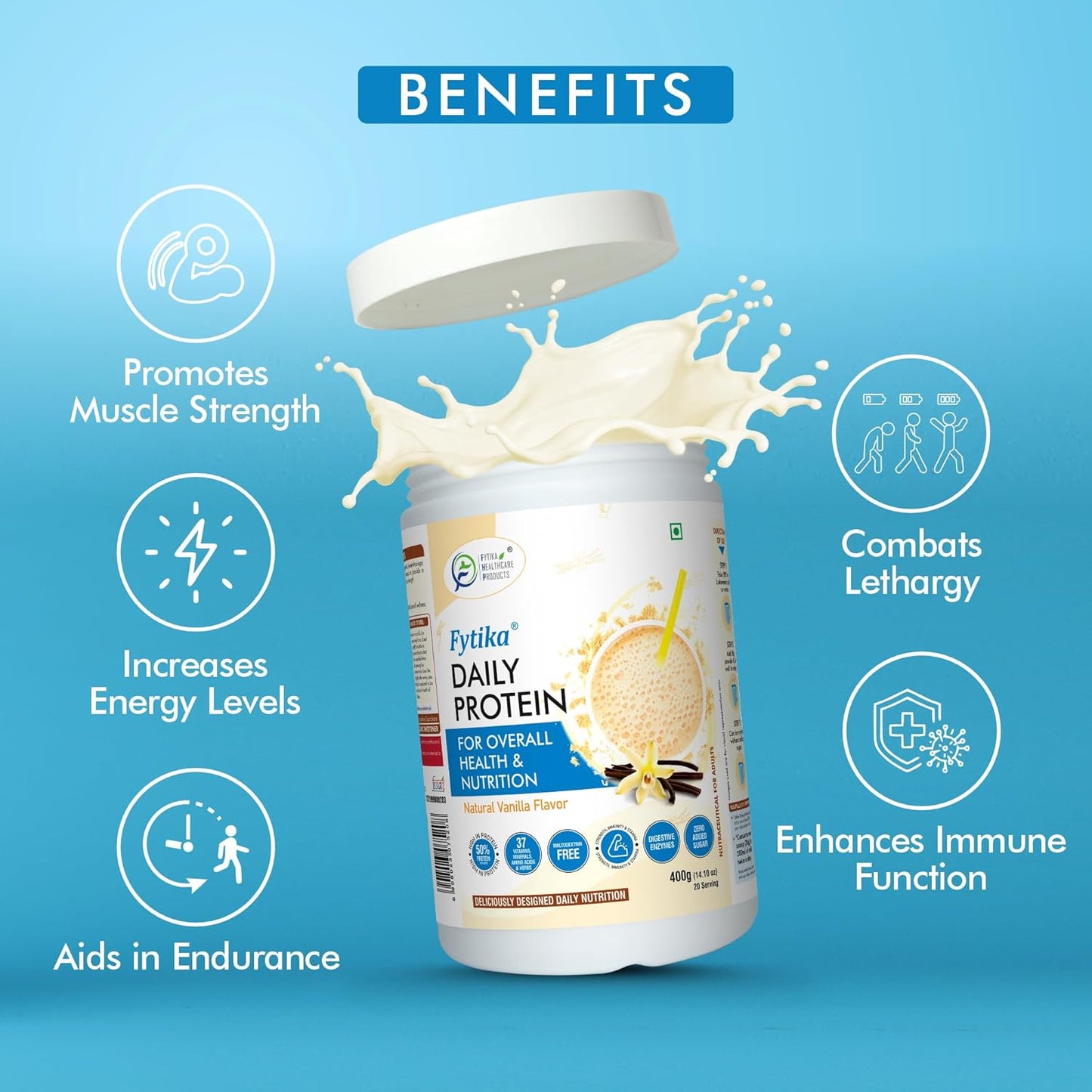 Fytilka Daily Protein container with benefits listed on a blue background