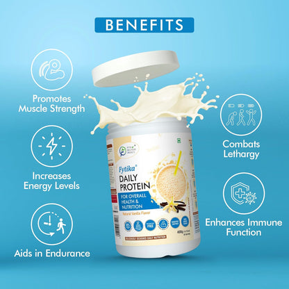 Fytilka Daily Protein container with benefits listed on a blue background