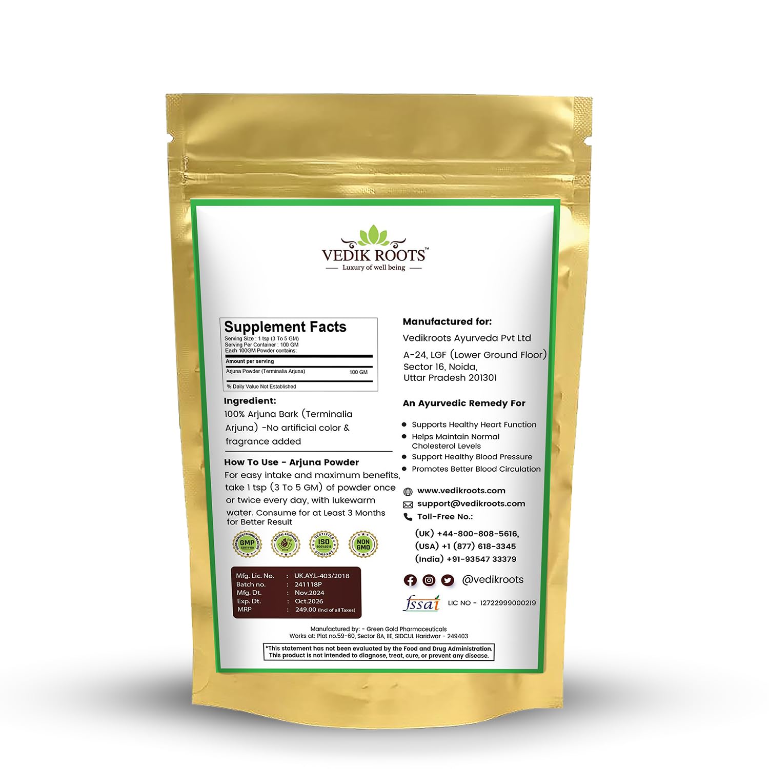 Vedik Roots supplement package with label on a white background