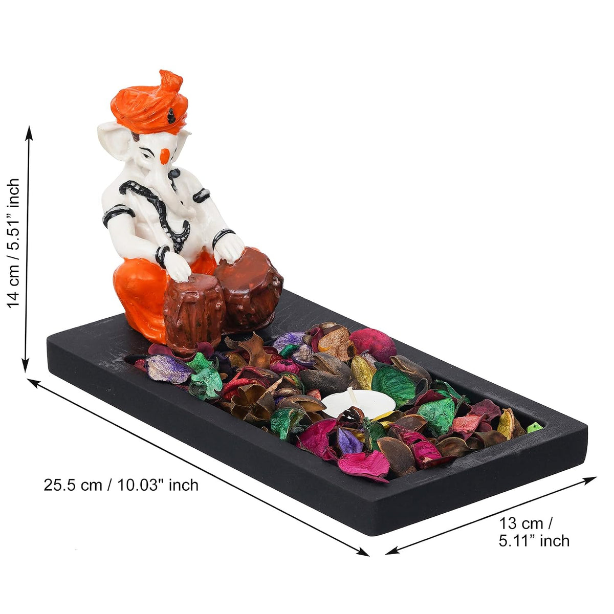 Orange White Resin Lord Ganesha Statue Playing Tabla Showpiece Potpourri Rectangle Tea Light Candle Holder|Ganpati Murti Tea Light Holder Diwali Decoration Items for Home Decor|Diwali Gift