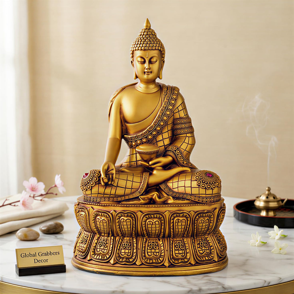 Buddha Statue Showpiece Idol Home Decor Items for Living Room and Gifts (Golden 4)