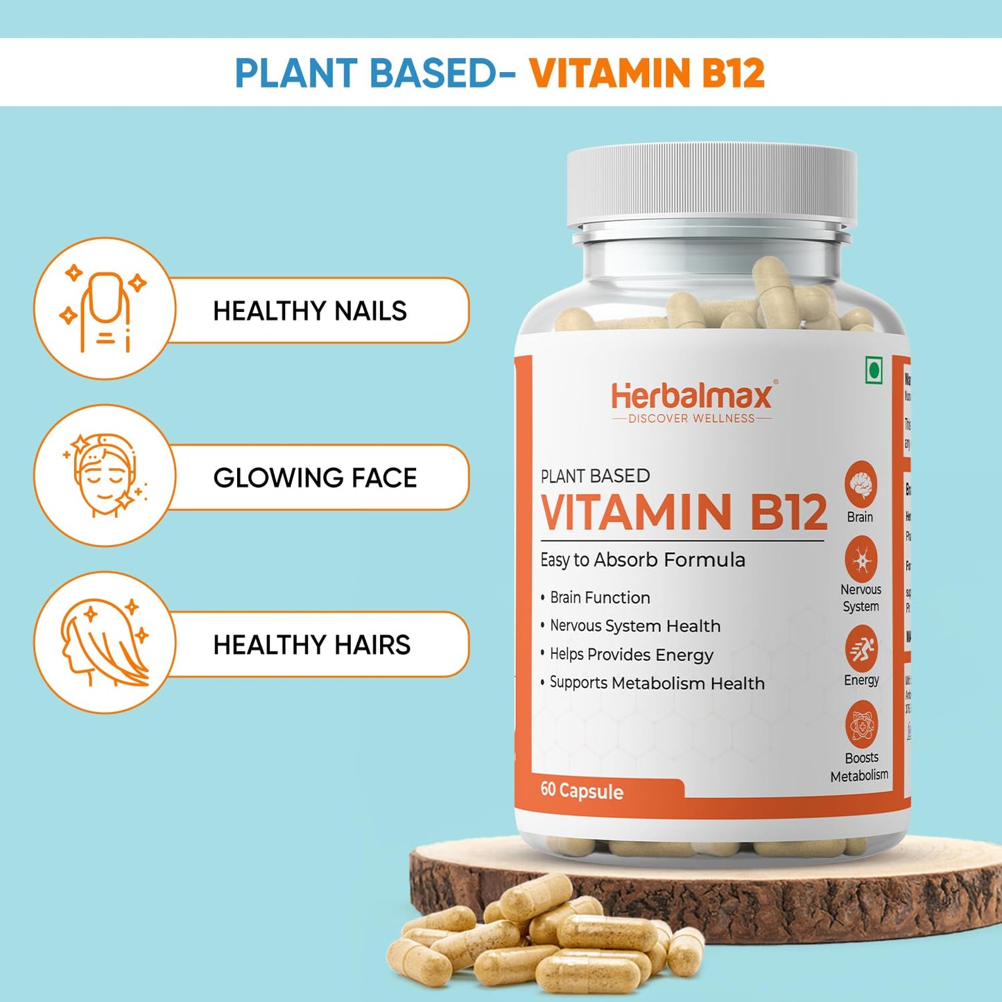 Herbalmax Plant-Based Vitamin B-12 2.2mcg – 60 Veg Capsules | Boost Energy & Metabolism, Supports Healthy Nervous System, Brain Function, Mental Clarity & Focus for Men & Women